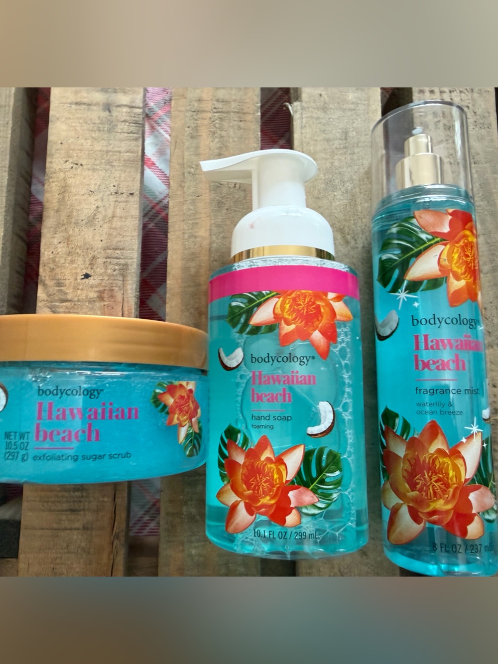 Bodycology Hawaiian Beach Fragrance Mist, hand soap and Exfoliating Sugar Scrub